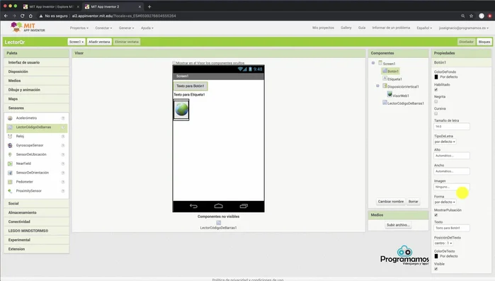 Desactivar la propiedad 'Utilizar escáner externo' en el componente 'Lector de código de barras' para usar el escáner integrado de Android.