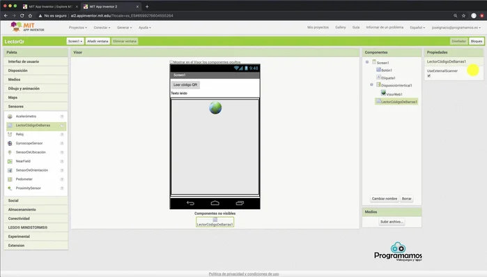 Desactivar la propiedad 'Utilizar escáner externo' en el componente 'Lector de código de barras' para usar el escáner integrado de Android.