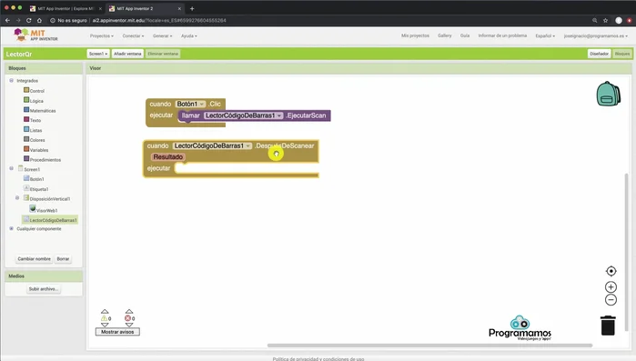 Utilizar la acción 'VisorWeb1.Ir a URL' para cargar la URL escaneada en el visor web.