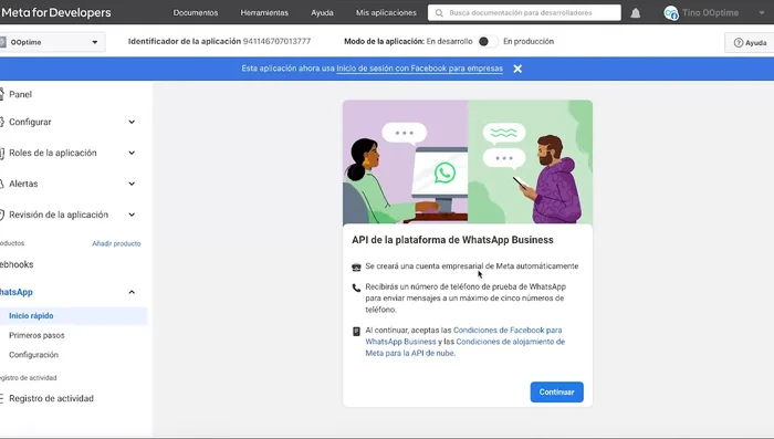 Configurar WhatsApp Business en la aplicación de Facebook Developers: Esto creará una cuenta de prueba empresarial. Cambiar el nombre de la cuenta de prueba por el nombre de tu empresa y verificarla.