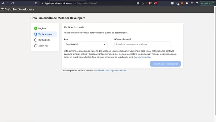 Acceder a Facebook Developers (developers.facebook.com) y crear una nueva aplicación, seleccionando el tipo de cuenta como 'Empresa'.