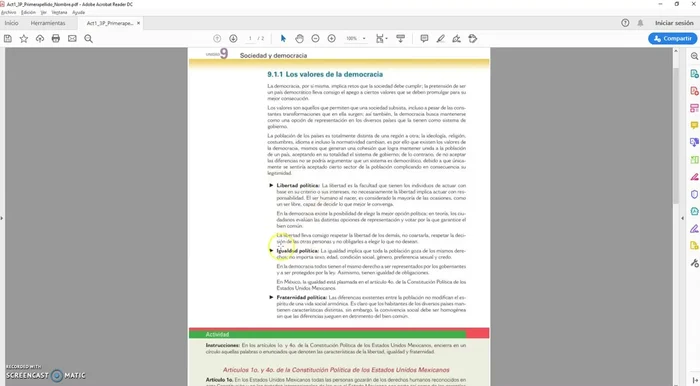 Elegir un color para cada sección (ej: turquesa para 'libertad política', amarillo para 'igualdad política', verde para 'fraternidad política').