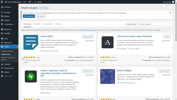 En WordPress, ir a Plugins > Añadir nuevo > Subir plugin. Seleccionar el archivo del plugin y hacer clic en Instalar y activar.