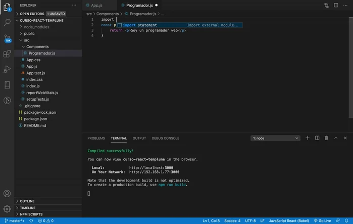 Exportar el componente usando `export default Programador;`