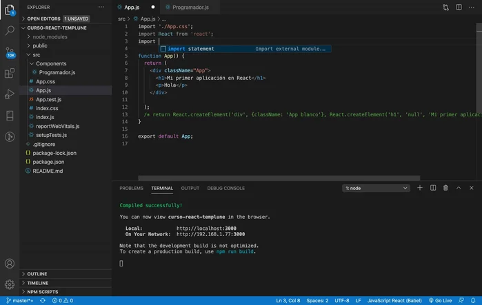 Utilizar el componente importado dentro del JSX de 'App.js'. Se puede usar una sola etiqueta o dos (apertura y cierre).