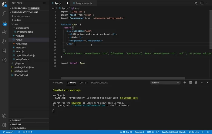 Utilizar el componente importado dentro del JSX de 'App.js'. Se puede usar una sola etiqueta o dos (apertura y cierre).