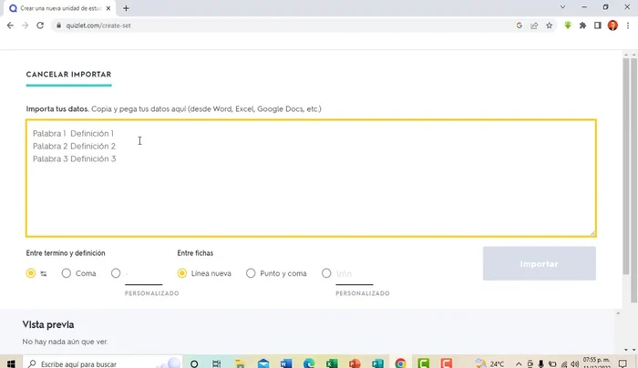 Seleccionar 'coma' como separador entre término y definición.