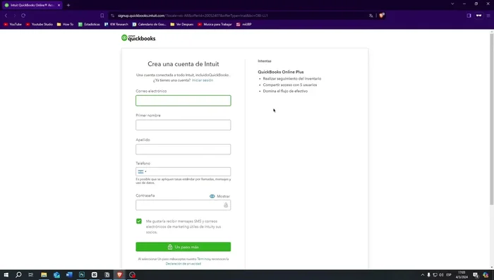 Crear una cuenta gratuita con correo electrónico, nombre, apellido, teléfono y contraseña.