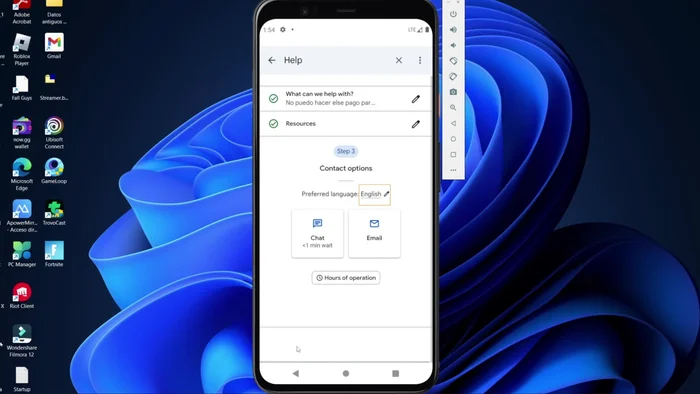 Seleccionar el idioma preferido y elegir la opción de contacto (chat o correo electrónico).