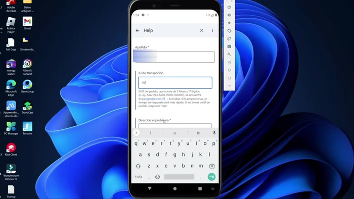Si se elige correo electrónico, rellenar los datos de la cuenta (dejar el ID de transacción vacío o poner 'no aplica'), describir el problema con detalle y enviar.