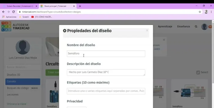 En 'Propiedades', verifica y corrige el nombre del proyecto (incluye tu nombre completo y el curso). En la descripción, deja evidencia de quién realizó el trabajo. Asegúrate de que la privacidad esté configurada en 'Público'. Guarda los cambios.