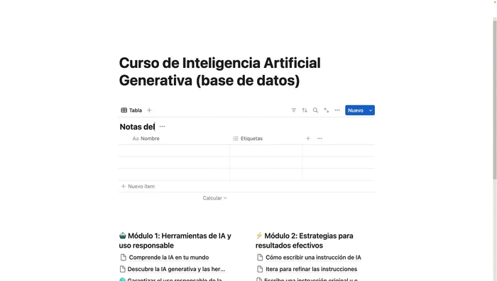 Organizar notas en bases de datos para agregar metadatos (módulos, fechas, etiquetas, etc.) y facilitar la búsqueda y filtrado.