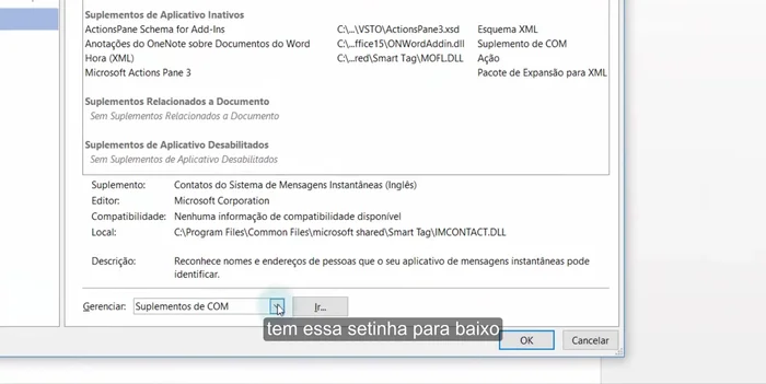 Seleccionar 'Complementos COM'.