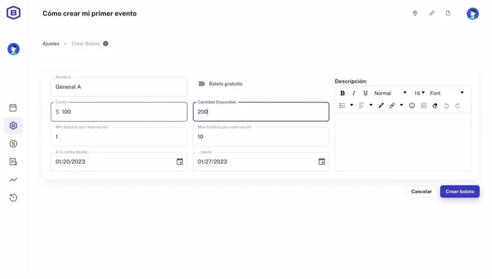 Descripción del boleto (qué incluye, zona, etc.).