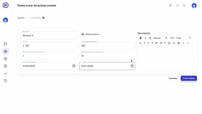 Descripción del boleto (qué incluye, zona, etc.).