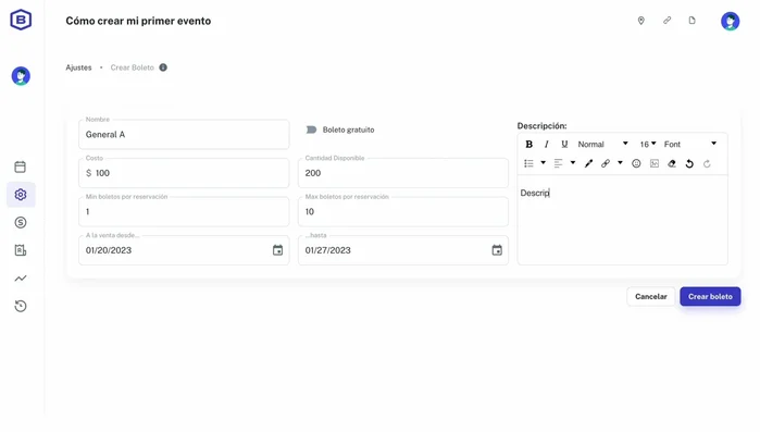 Descripción del boleto (qué incluye, zona, etc.).