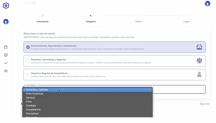 Categoría y subcategoría del evento.