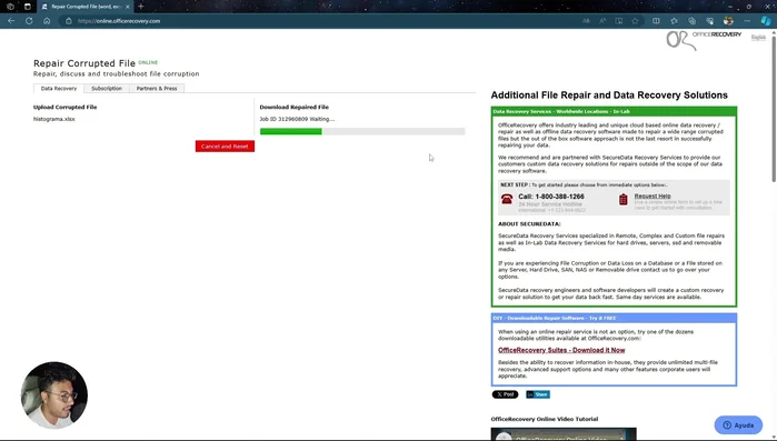 Esperar a que la herramienta procese y repare el archivo. El tiempo varía según el daño.