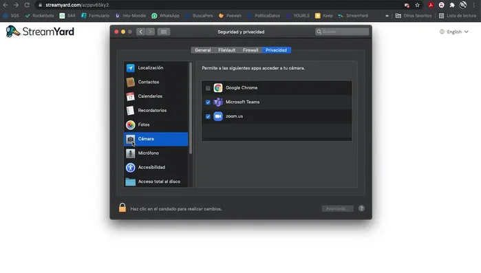 Habilitar el acceso a la cámara para Google Chrome. Marcar la casilla correspondiente.