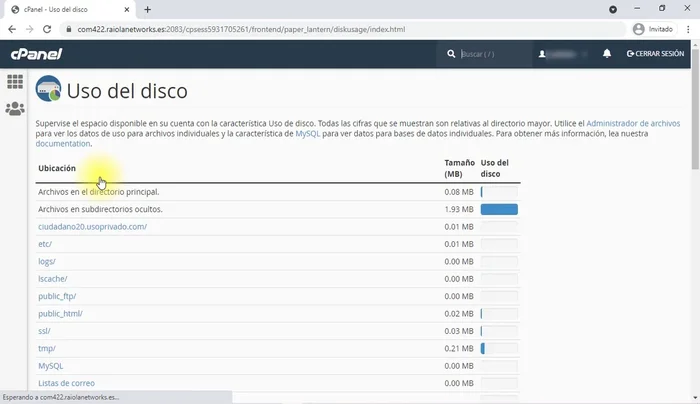 Monitorear el uso del disco: Revisar la sección 'Uso del disco' para ver el espacio disponible en tu cuenta de hosting.