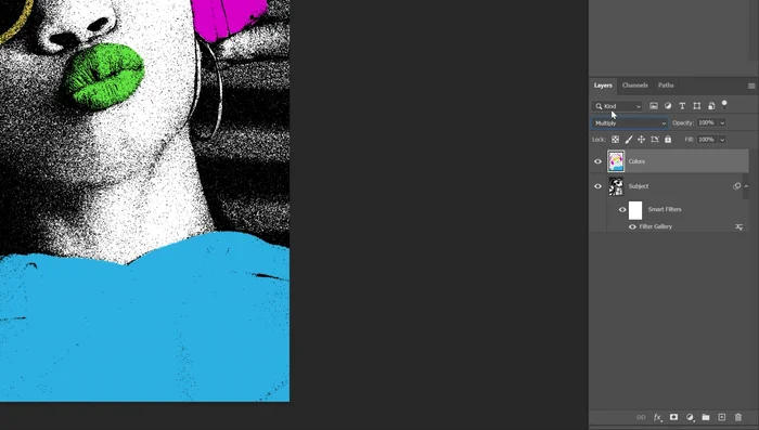 Cambiar el modo de fusión de la capa 'Colores' a 'Multiplicar'