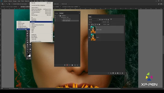 Aplicar la máscara de enfoque (Filtro > Enfocar > Máscara de enfoque). Ajustar los parámetros: Cantidad: 320%, Radio: 0.6 píxeles, Umbral: 4.
