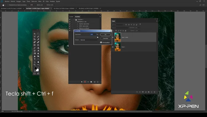 Aplicar una capa de ajuste de transición (Shift+Ctrl+F). Ajustar la opacidad al 70% y el modo de fusión a 'Luminosidad'.