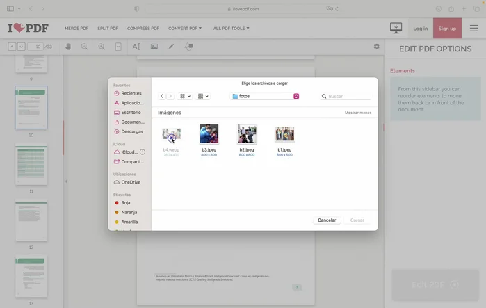 Insertar imágenes: Selecciona el botón para insertar imágenes. Elige la imagen desde tu computadora, colócala en el documento y usa las opciones para ajustar su opacidad, rotación o eliminarla.