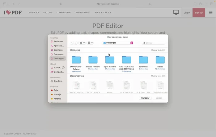Subir el archivo PDF: Selecciona el archivo PDF que deseas editar desde tu computadora.