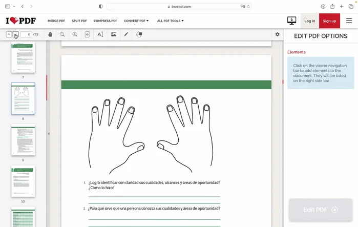 Navegar por el documento: Utiliza los botones de navegación (flechas arriba/abajo) o el cuadro de número de página para moverte por el documento.