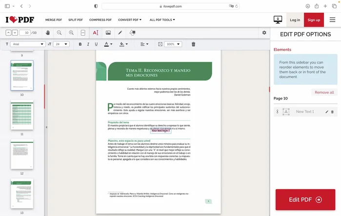 Editar texto: Haz clic en el botón 'Editar texto'. Escribe, selecciona y modifica el texto utilizando las opciones de formato (tipo de letra, tamaño, negrita, cursiva, subrayado, color, alineación, opacidad).