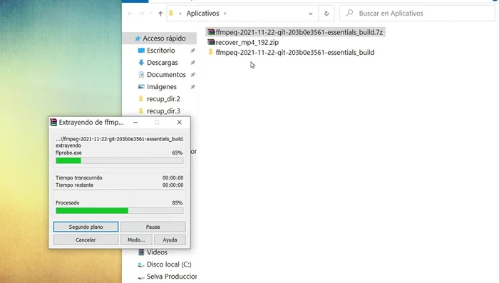 Descomprimir los archivos de Recovery MP4 y FFMpeg.