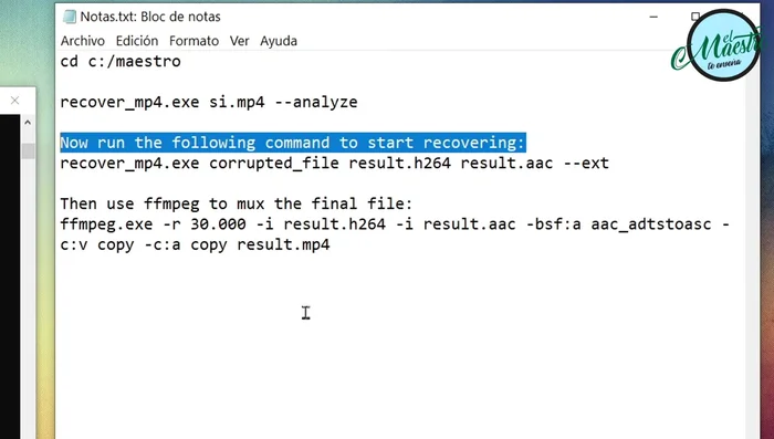 Pegar el comando modificado en la consola y presionar Enter. Esperar a que finalice la recuperación.
