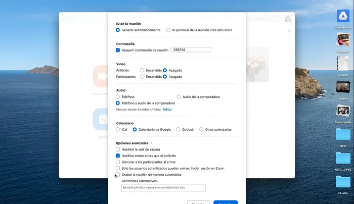 Elige la ubicación de la grabación (en la nube o localmente).