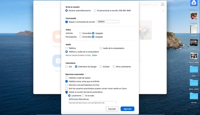 Elige la ubicación de la grabación (en la nube o localmente).