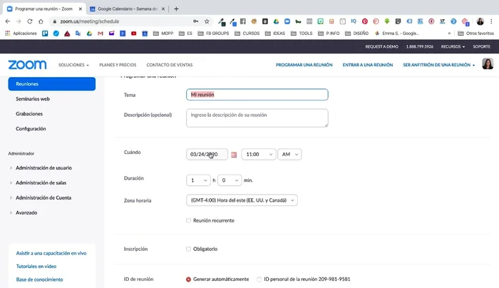 Completa los campos: Título, descripción, fecha, hora, duración, zona horaria, opciones de inscripción, etc.