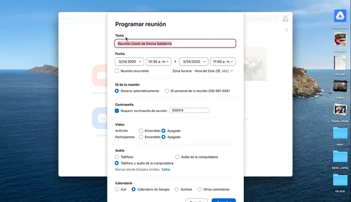 Marca la opción 'Recurrente' si la reunión se repetirá.