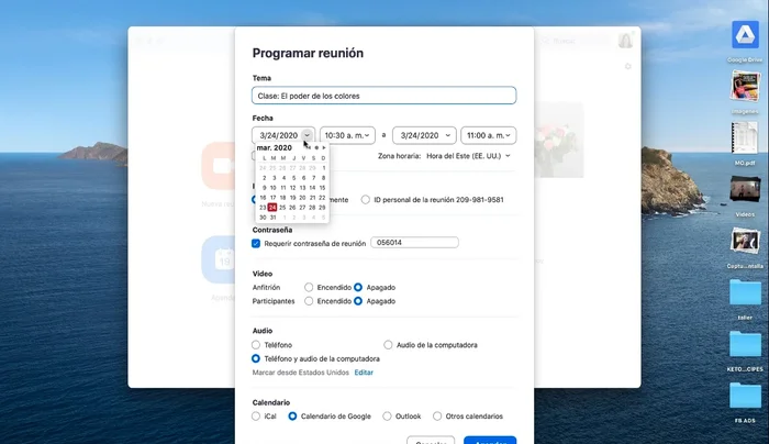 Marca la opción 'Recurrente' si la reunión se repetirá.