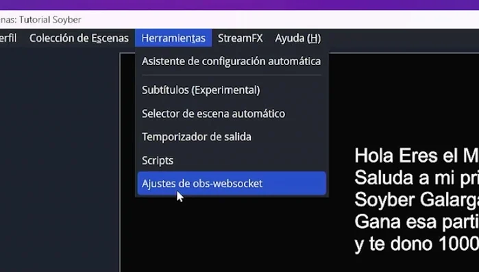 Acceder a 'Herramientas' > 'Ajustes de WebSocket' en OBS Studio.