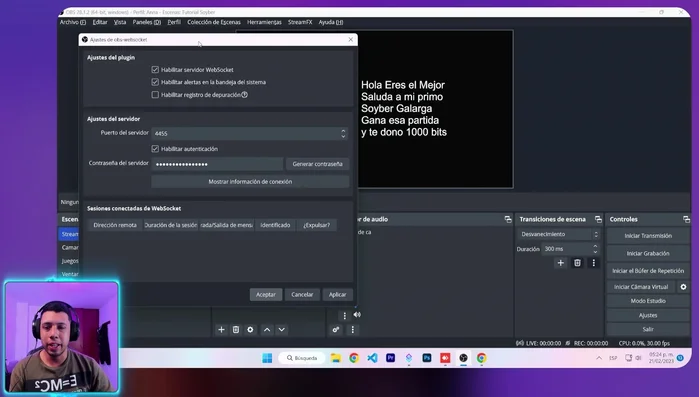 En la ventana de 'Ajustes de WebSocket', copiar la información de conexión (IP, puerto, contraseña).