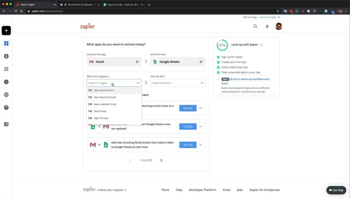Configurar el disparador en Zapier: Seleccionar 'Gmail' como aplicación y elegir el disparador 'New Label'. Especificar la etiqueta creada en Gmail ('No Code' en este ejemplo).