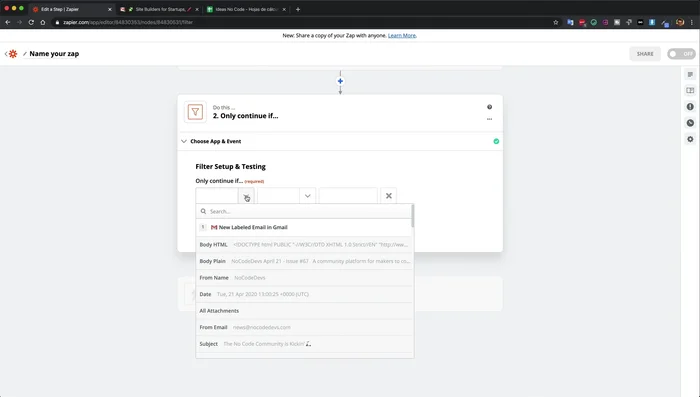 Configurar el filtro: Especificar las condiciones del filtro. Se utiliza el campo 'Label' (etiqueta) para verificar la presencia de 'No Code' y la presencia de la estrella (representada por otra etiqueta en este caso).