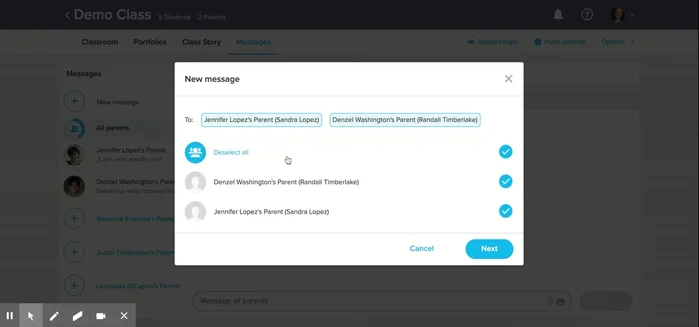 Elegir los destinatarios: toda la clase o padres específicos.