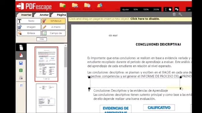 Subrayar y Resaltar: Selecciona el texto, elige un color de subrayado en la paleta superior, y cierra con la barra amarilla. Puedes insertar rectángulos y óvalos para resaltar secciones, seleccionando el color del trazo y el relleno.
