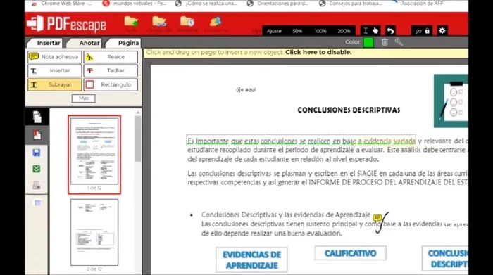 Subrayar y Resaltar: Selecciona el texto, elige un color de subrayado en la paleta superior, y cierra con la barra amarilla. Puedes insertar rectángulos y óvalos para resaltar secciones, seleccionando el color del trazo y el relleno.