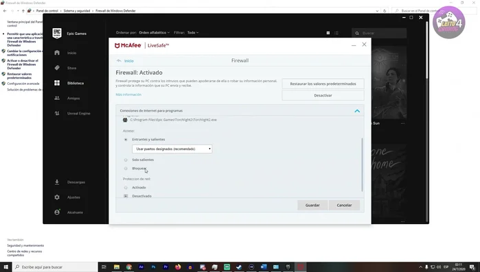 Ir a las propiedades del programa y desactivar la protección de red para Torchlight 2.