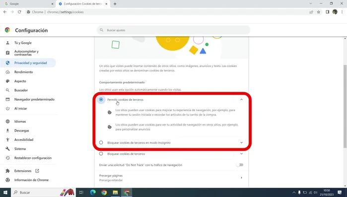 Marca la opción 'Permitir cookies de terceros' (la opción más recomendable).