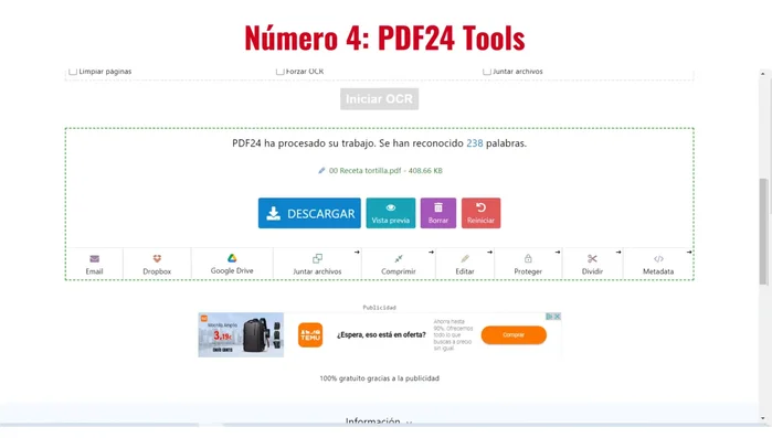 Haz clic en 'Iniciar OCR' y descarga el PDF con texto seleccionable.