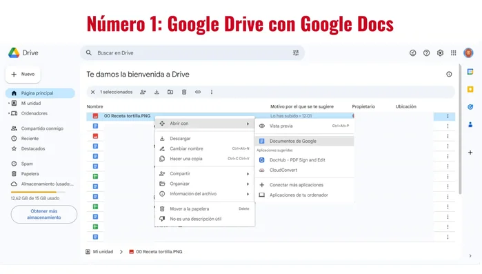 Haz clic derecho en la imagen y selecciona 'Abrir con' > 'Google Docs'.