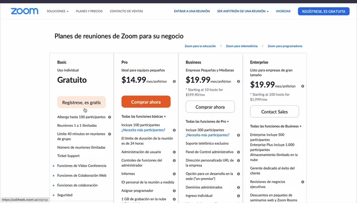 Comprende los diferentes planes de Zoom (Básico, Pro, Business, Enterprise). Los planes de pago ofrecen mayores funciones de seguridad.